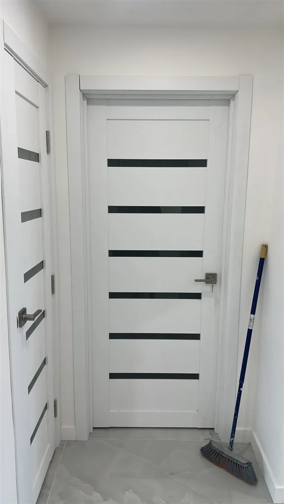Interior white door with black glass inserts installed in a Los Angeles home