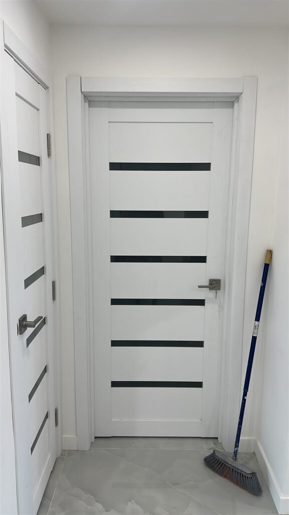 Interior white door with black glass inserts installed in a Los Angeles home