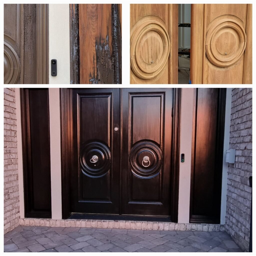 Refinished double entry doors with carved wood details at a Los Angeles home