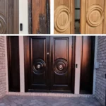 Refinished double entry doors with carved wood details at a Los Angeles home