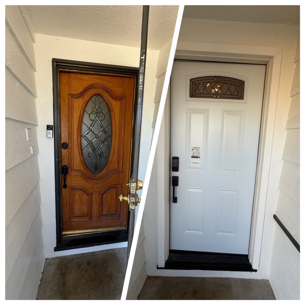 Front entry doors replaced at a Los Angeles home, before and after