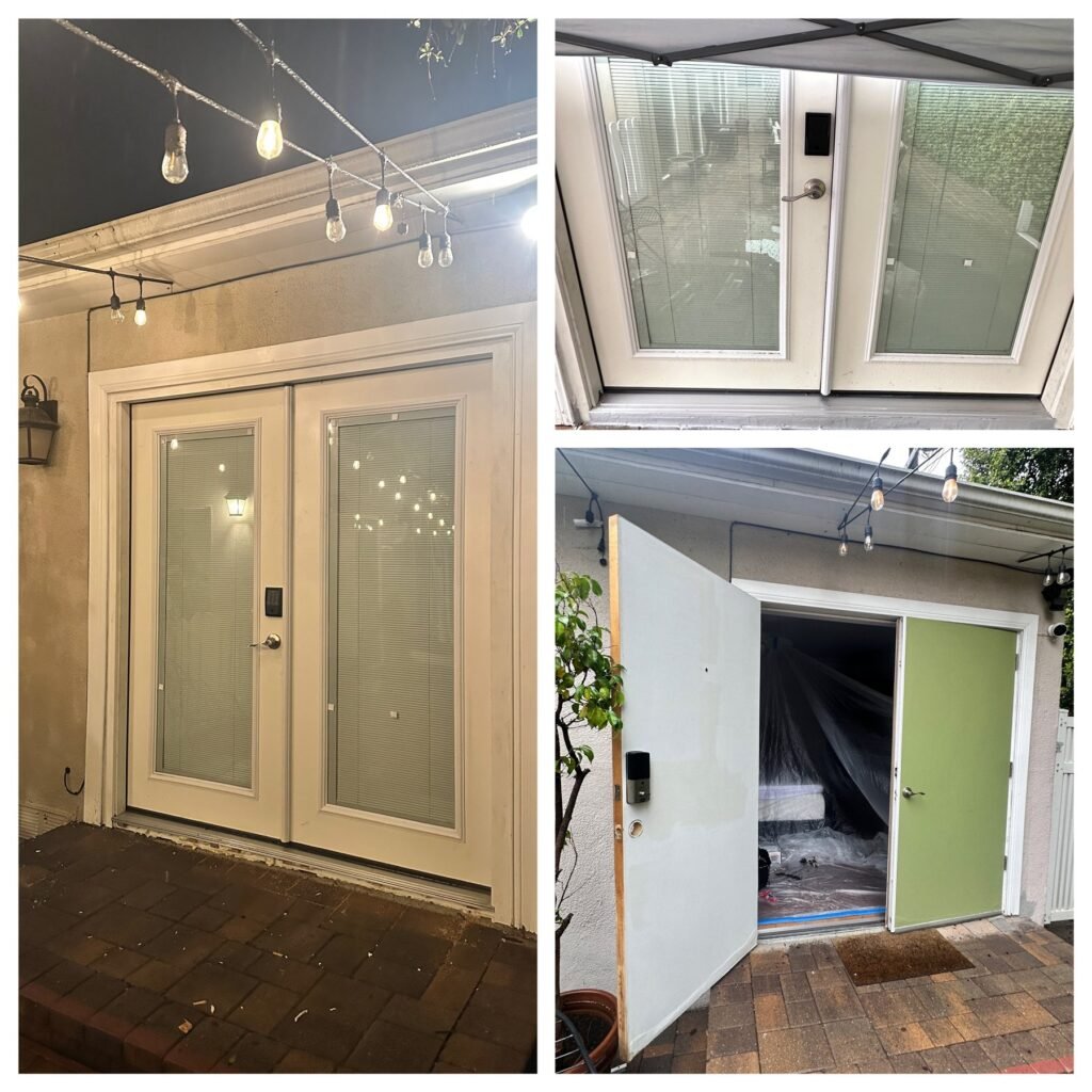 Double patio doors with built-in blinds installed in Los Angeles