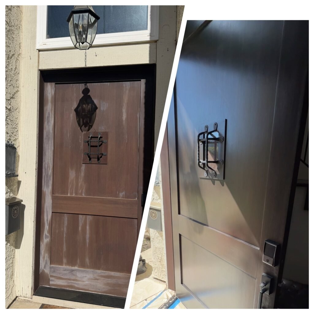 Repaired stained wood entry door with new hardware in Los Angeles, before and after