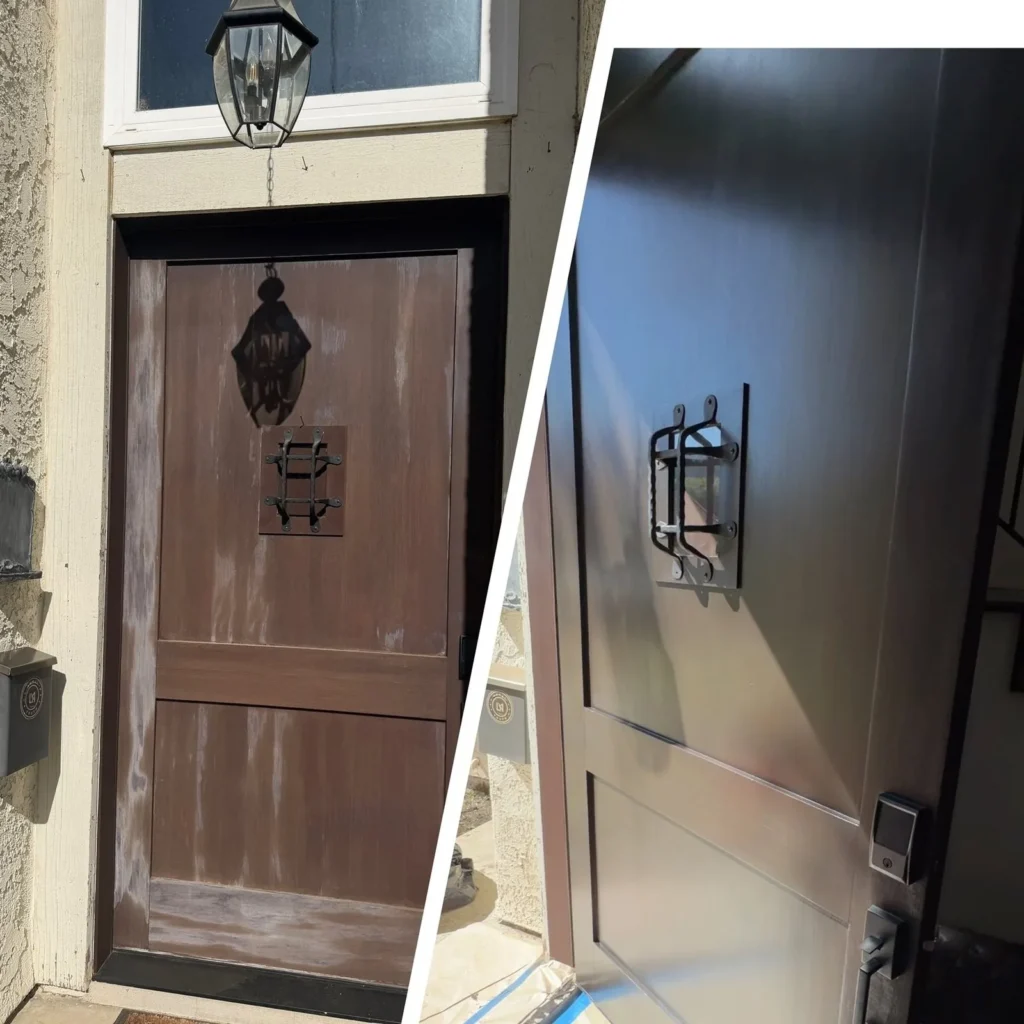 Repaired stained wood entry door with new hardware in Los Angeles, before and after