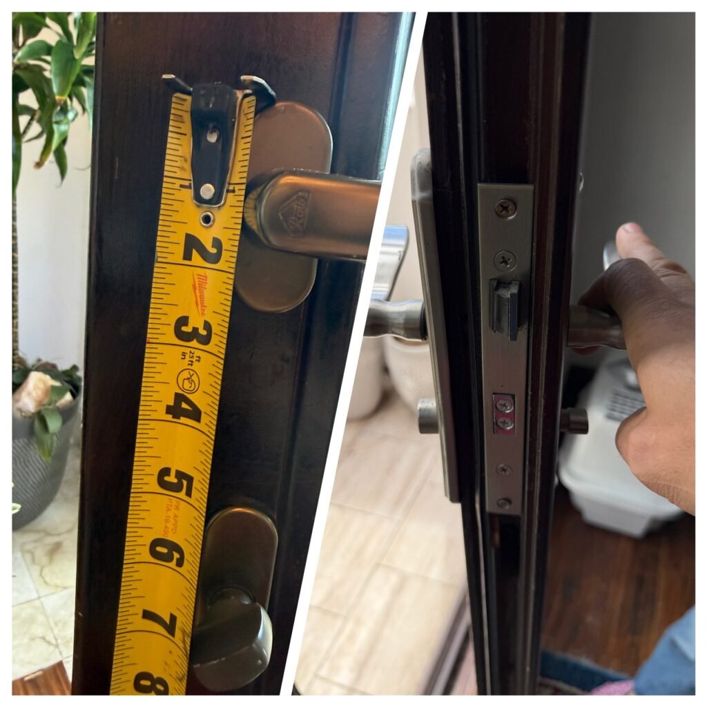Door lock and latch repair on a dark entry door in Los Angeles, before and after
