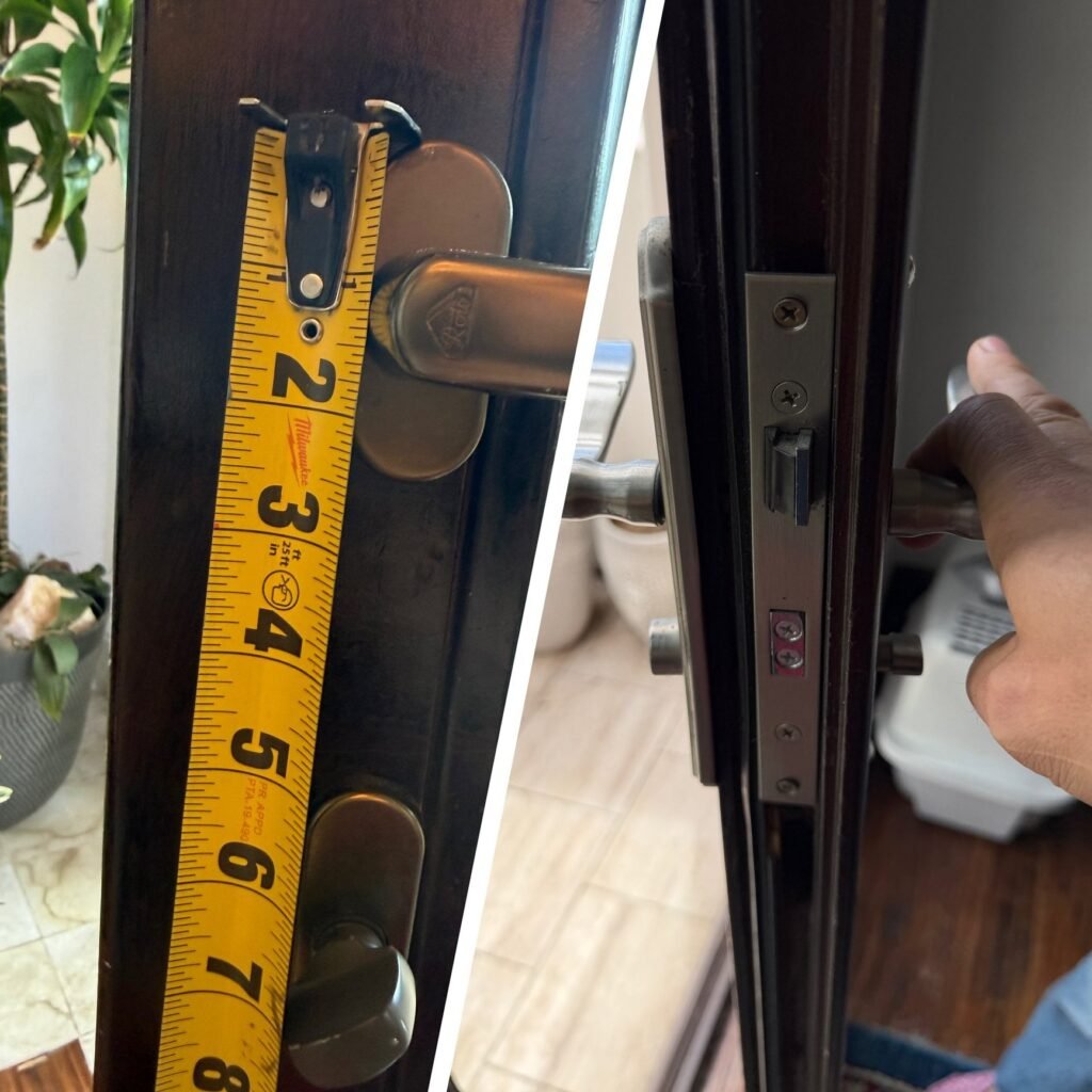 Door lock and latch repair on a dark entry door in Los Angeles, before and after