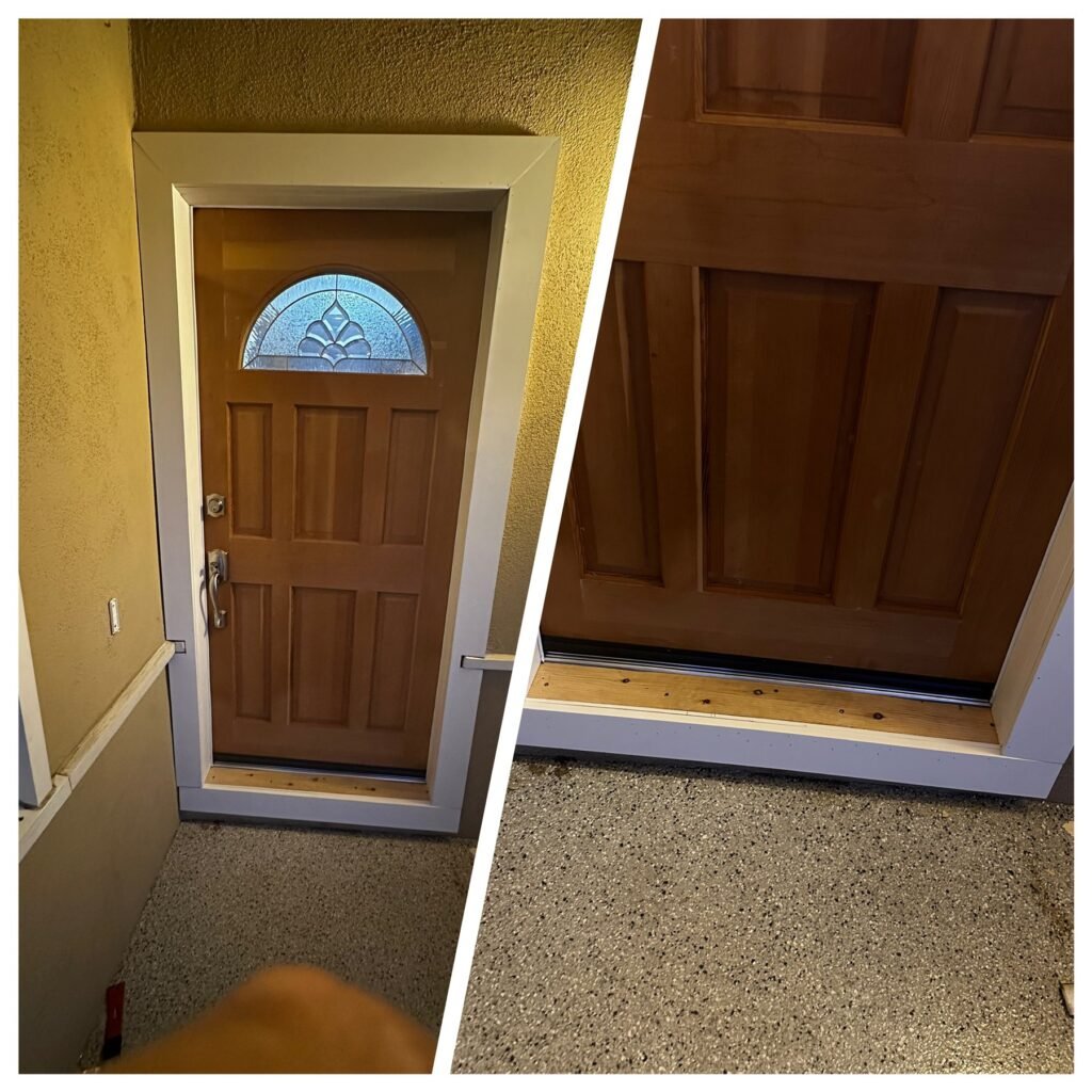 Front door with glass transom repaired and refinished in Los Angeles, before and after