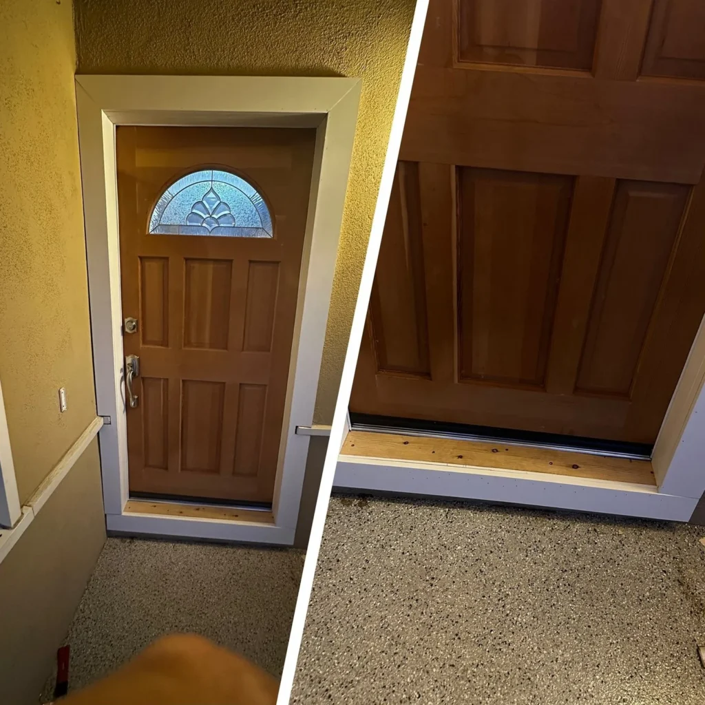 Front door with glass transom repaired and refinished in Los Angeles, before and after