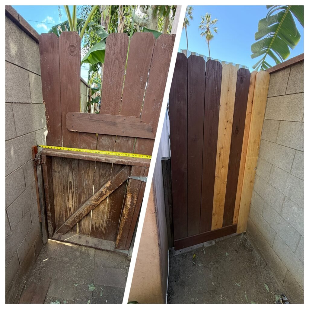 Damaged wooden gate repaired and rebuilt in Los Angeles, before and after