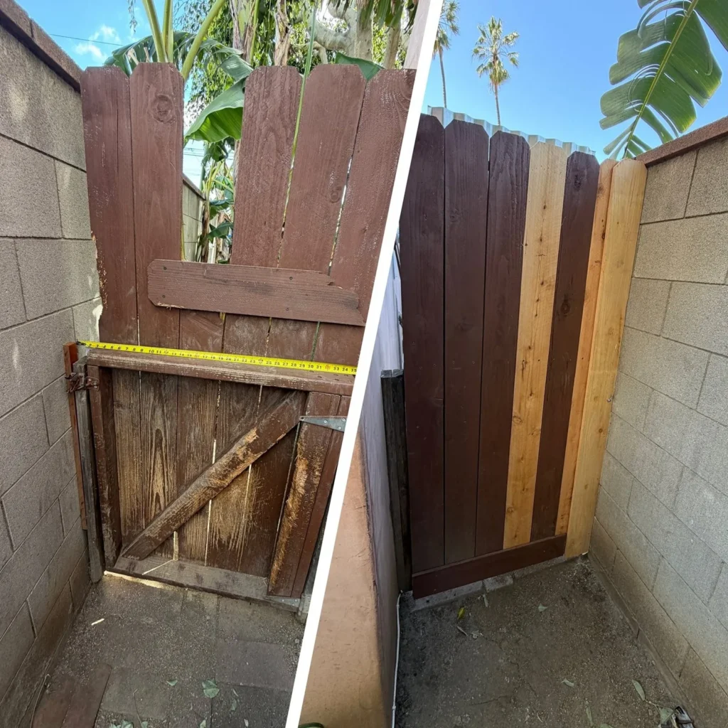 Damaged wooden gate repaired and rebuilt in Los Angeles, before and after
