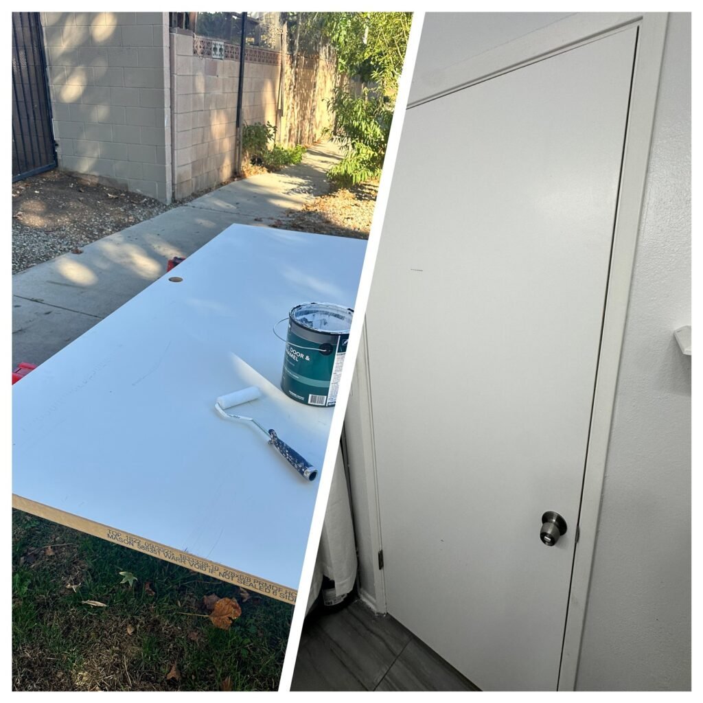 Interior door refinished and rehung in Los Angeles, before and after