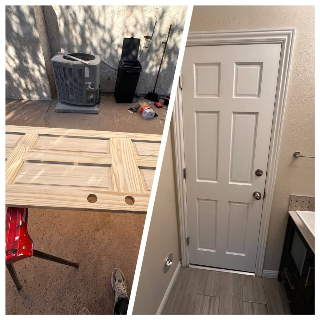 Solid wood door rebuilt and reinstalled in a Los Angeles home, before and after