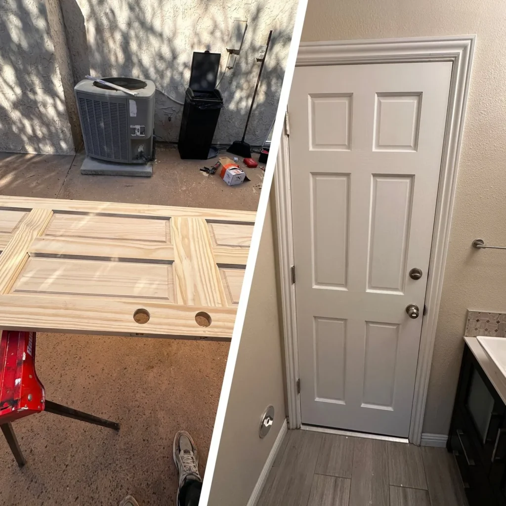 Solid wood door rebuilt and reinstalled in a Los Angeles home, before and after
