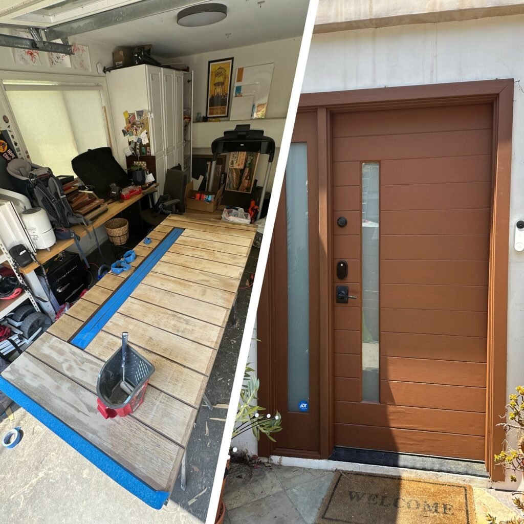 Modern wood entry door repaired with new hardware in Los Angeles, before and after
