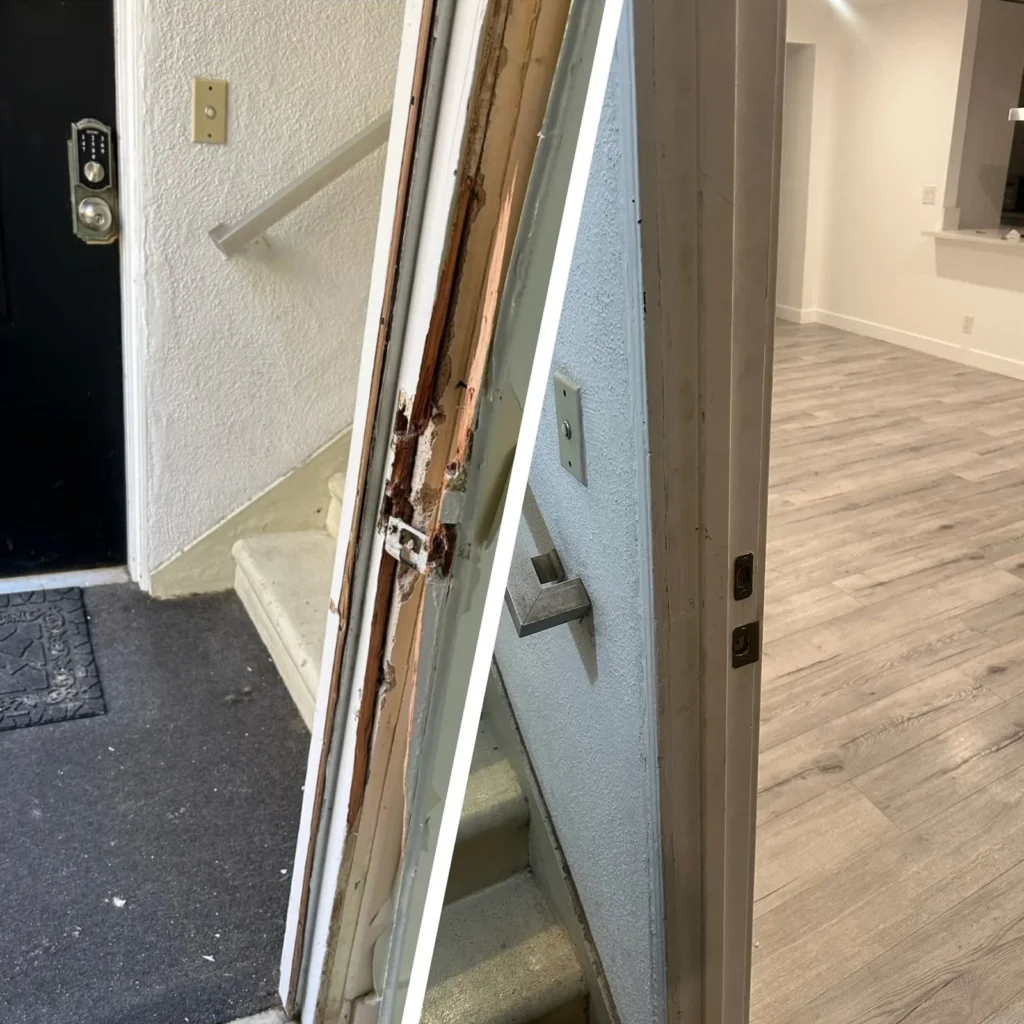 Damaged door jamb repaired in a Los Angeles apartment, before and after