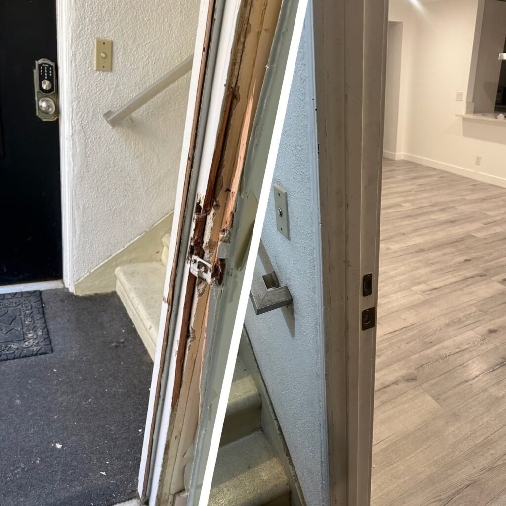 Damaged door jamb repaired in a Los Angeles apartment, before and after