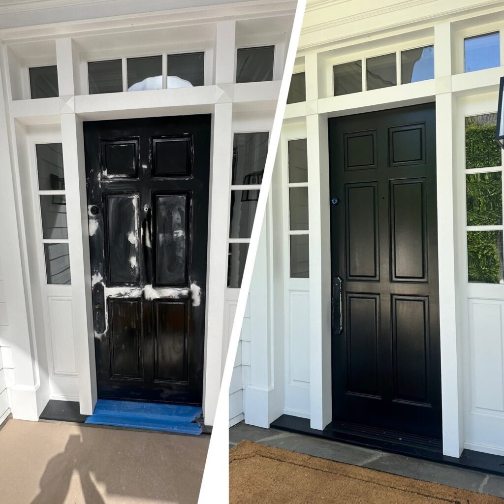 Front door with transom windows repainted in black in Los Angeles, before and after
