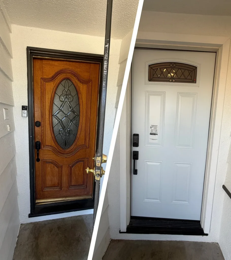 Ornate wood front door replaced with a new white six-panel door at a Los Angeles home, before and after