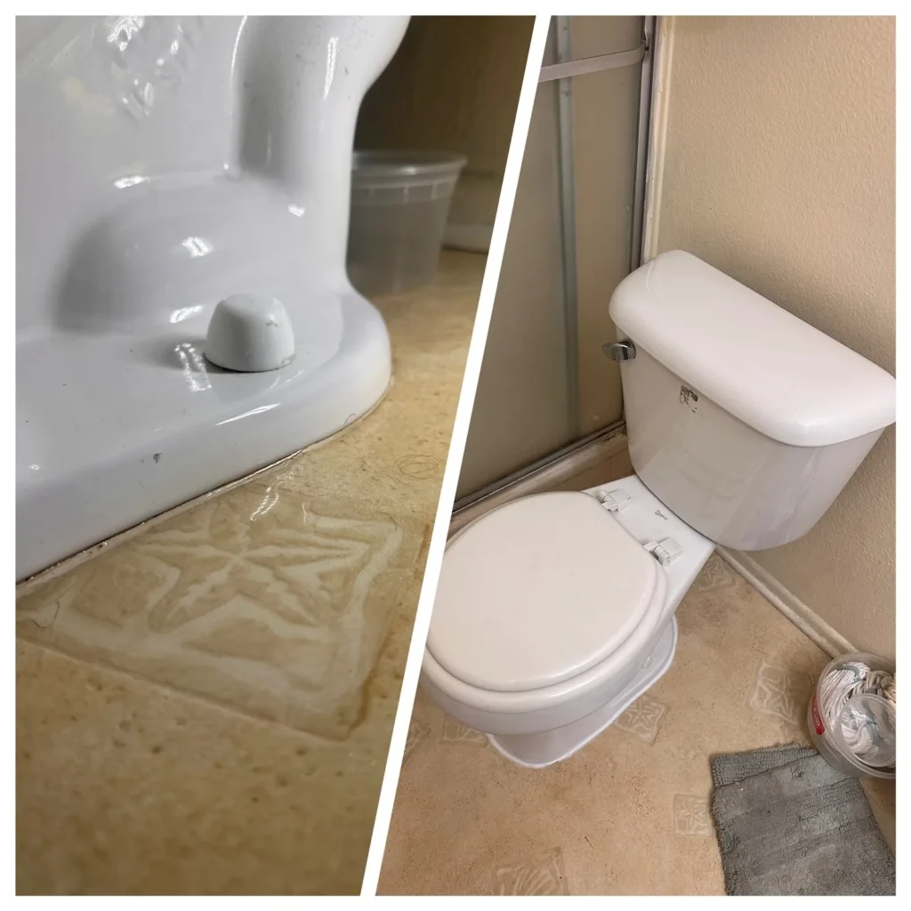 Toilet replaced, before and after, in a Los Angeles bathroom
