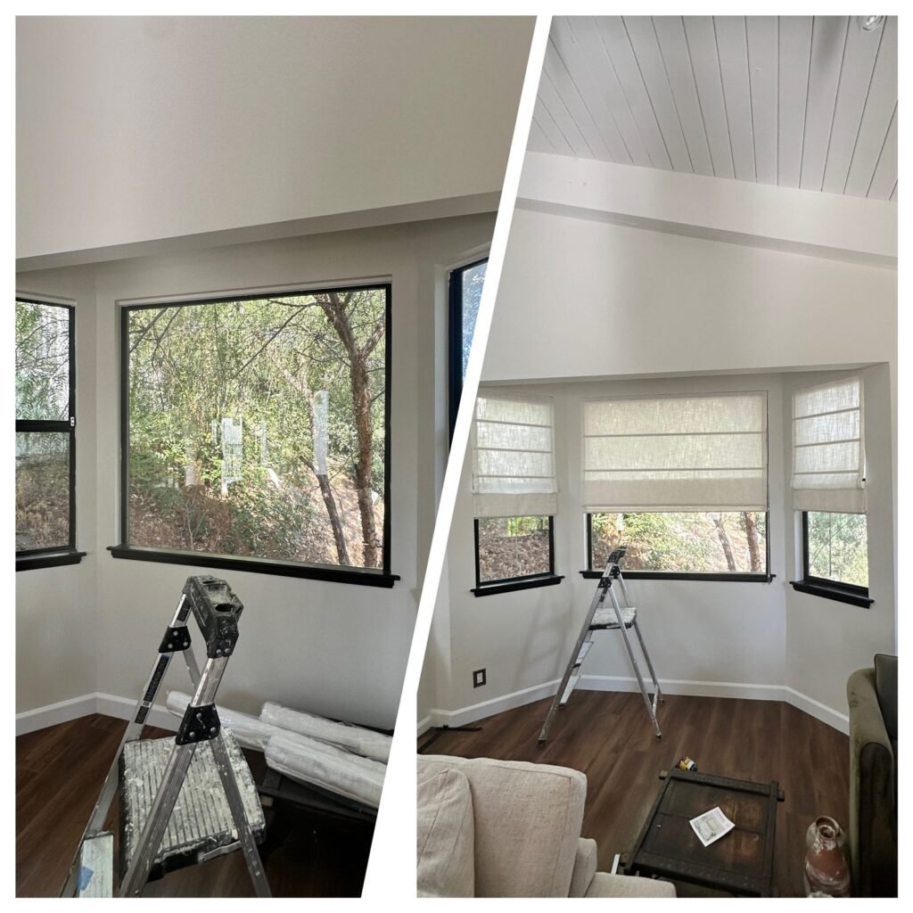 Roman shades installed on bay windows, before and after, in Los Angeles