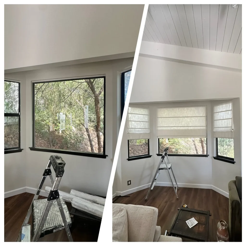 Roman shades installed on bay windows, before and after, in Los Angeles