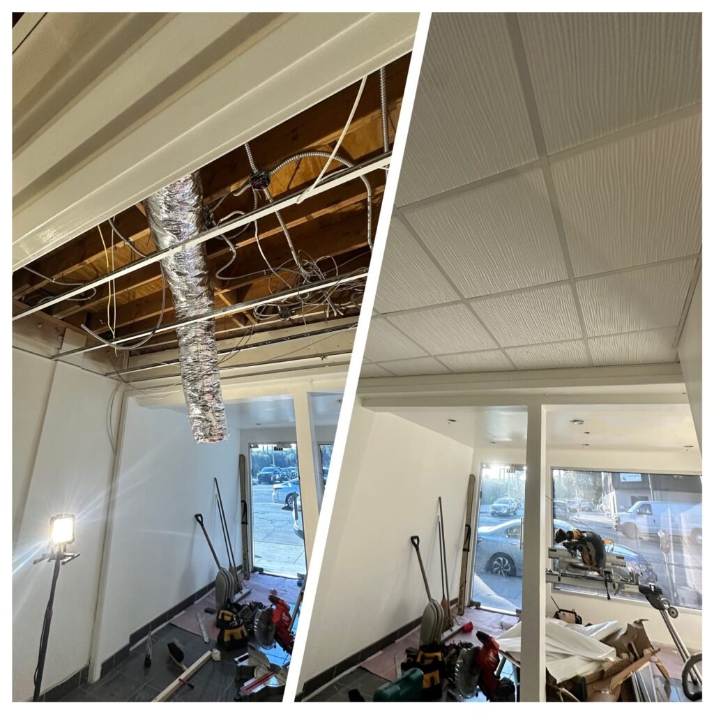 Ceiling replaced, before and after, in a Los Angeles home