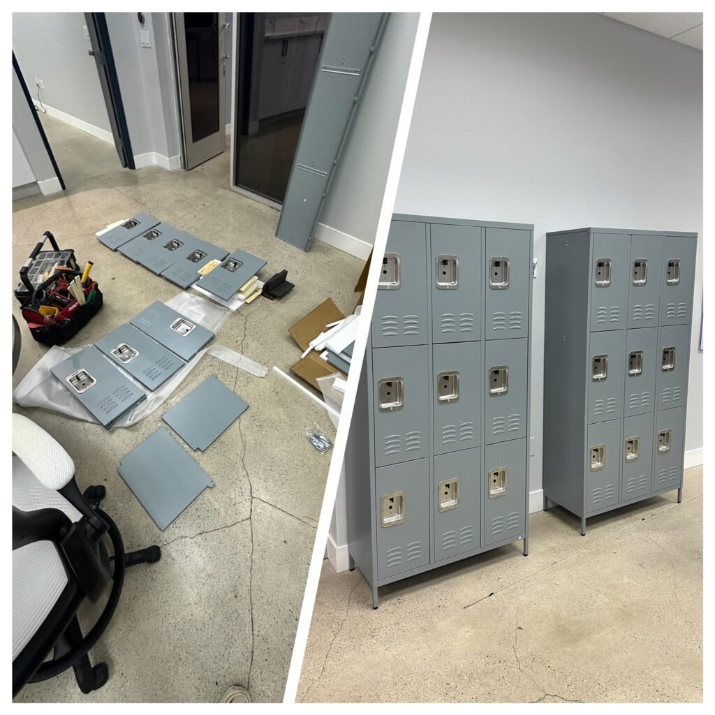 Metal lockers assembled, before and after, in Los Angeles