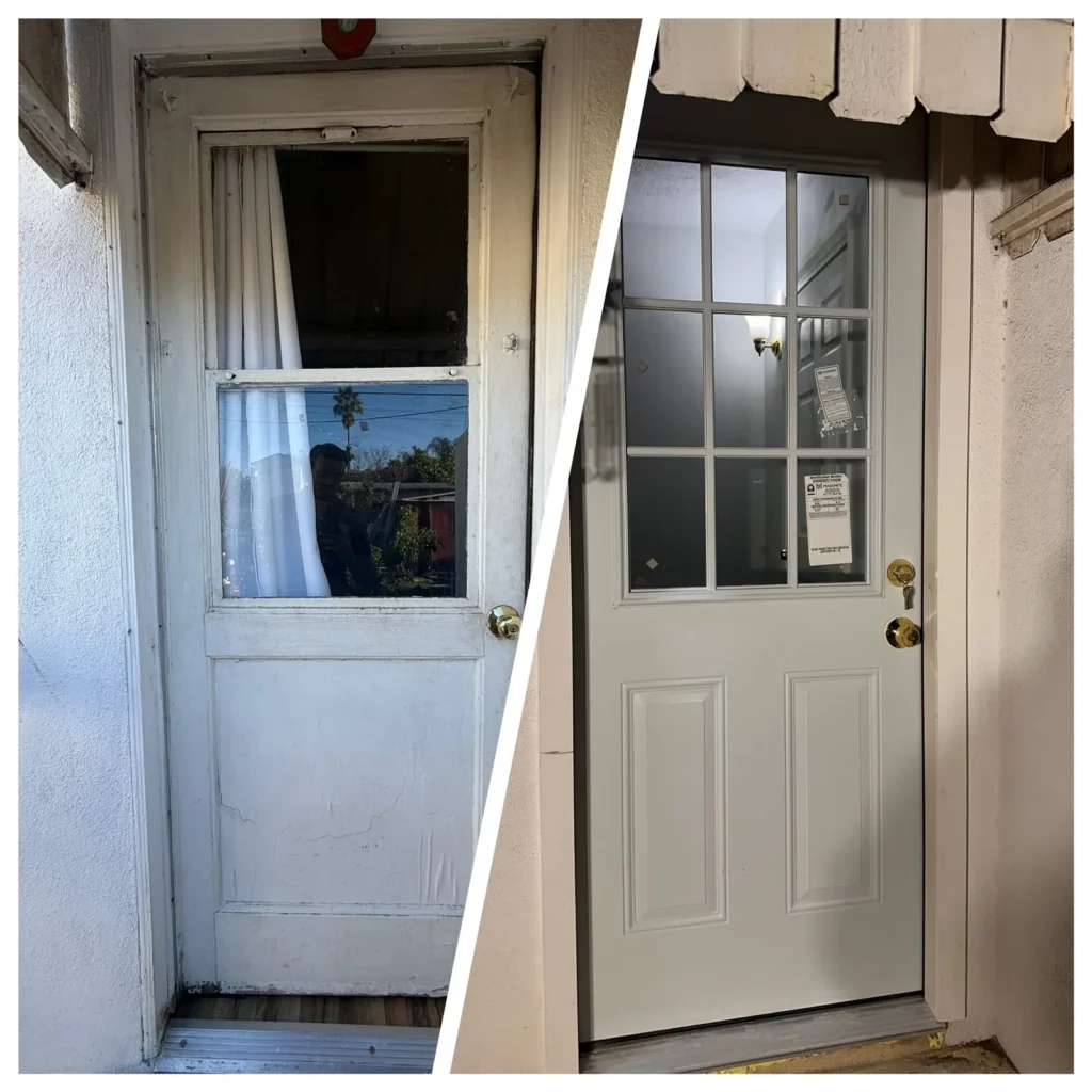 Back door with window replaced, before and after, in Los Angeles