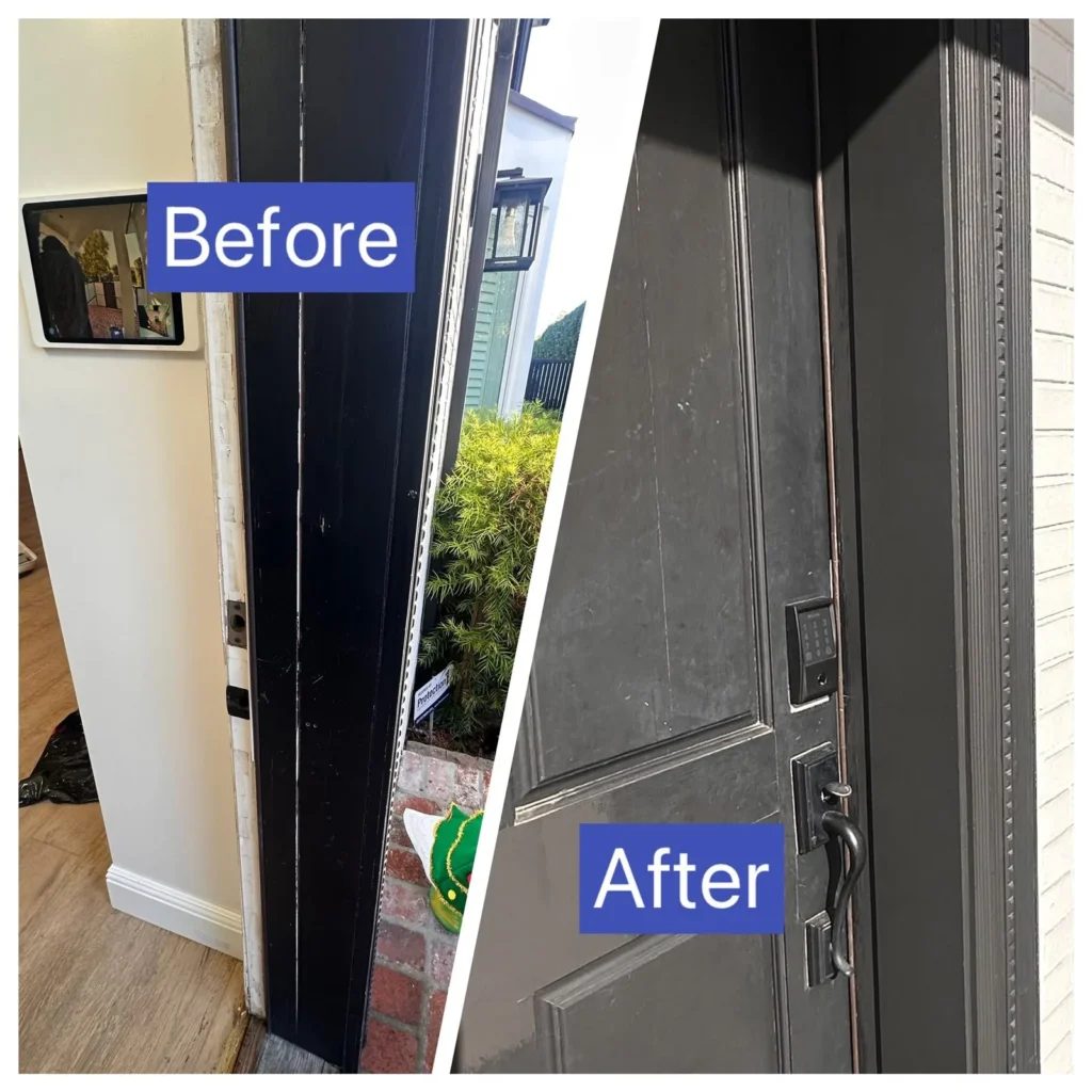 Front door before and after refinishing and repair in Los Angeles
