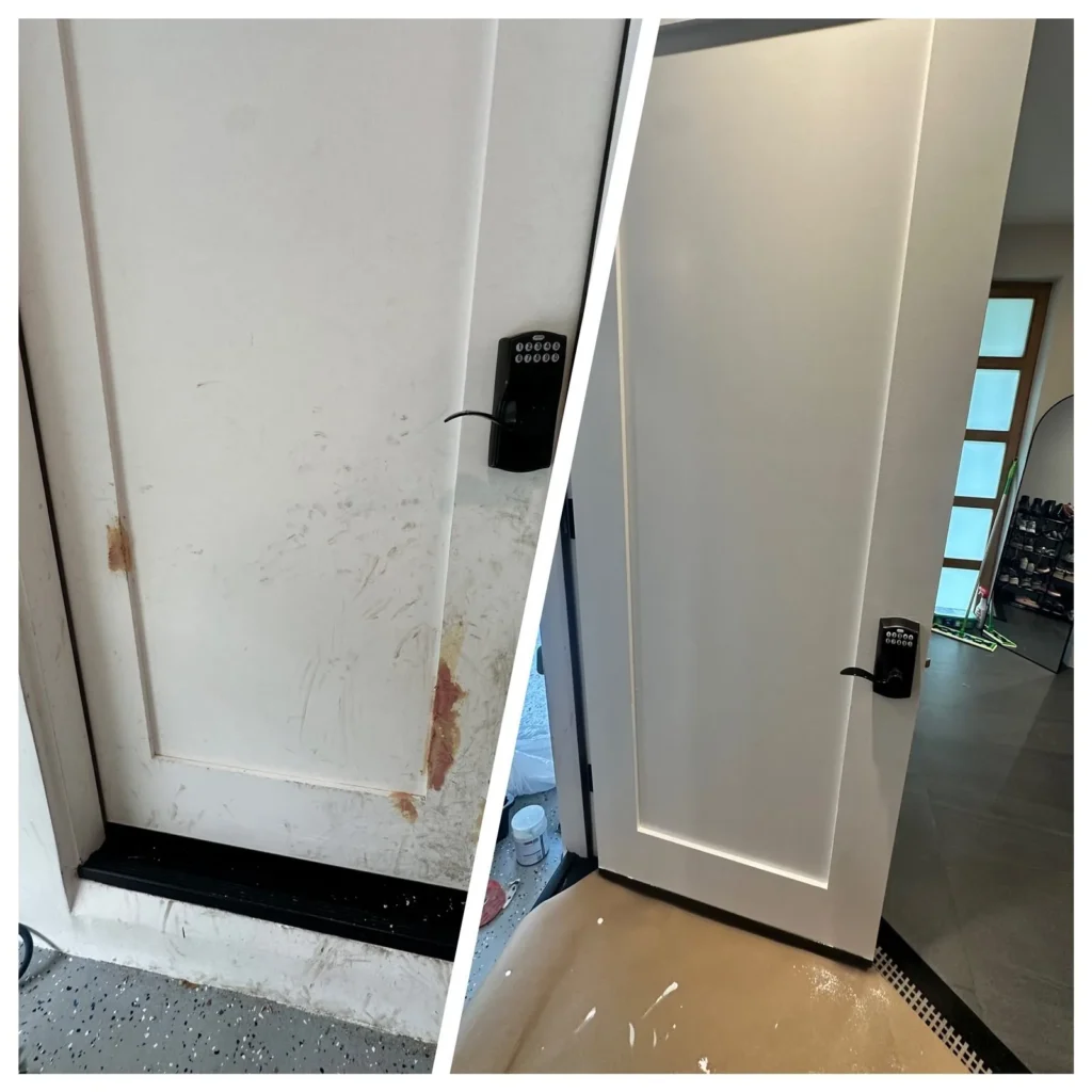Interior door repaired and repainted, before and after, in Los Angeles