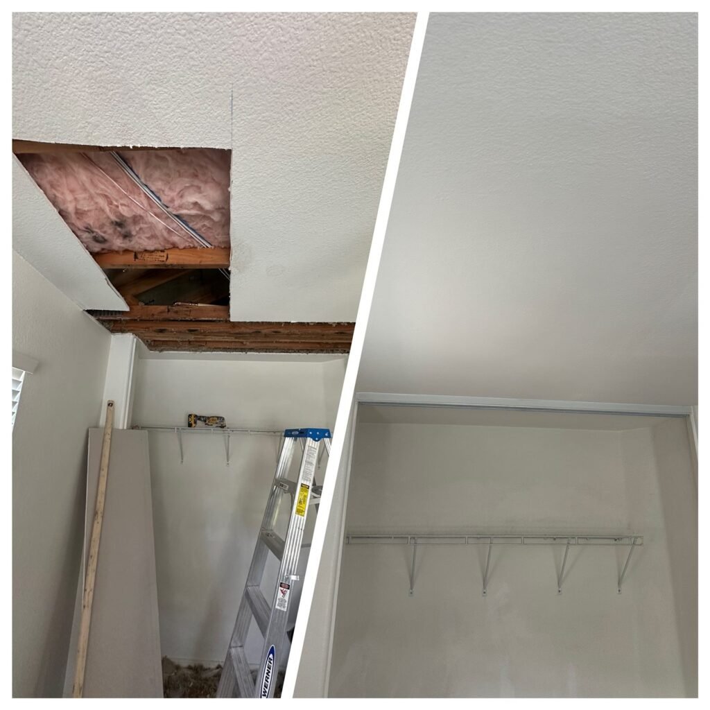 Ceiling and wall drywall repair, before and after, in Los Angeles