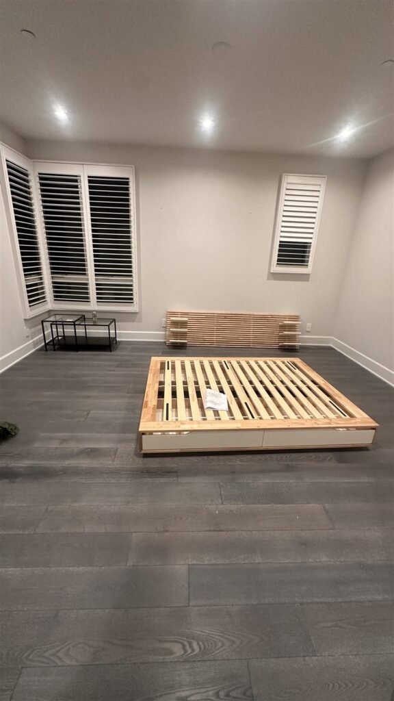 Platform bed frame assembled in a Los Angeles bedroom