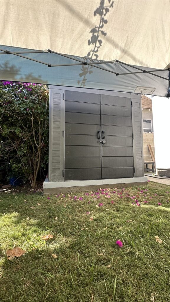 Storage shed with double doors in a Los Angeles yard