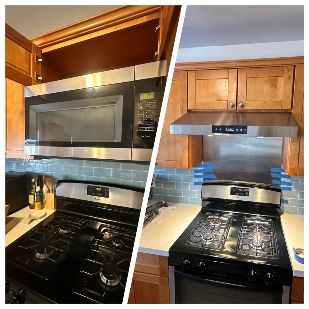 Kitchen backsplash and range hood, before and after, in Los Angeles