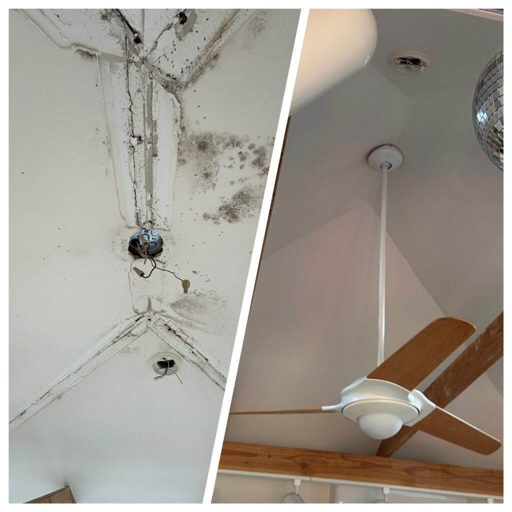 Ceiling mold cleaned and fan installed, before and after, in Los Angeles