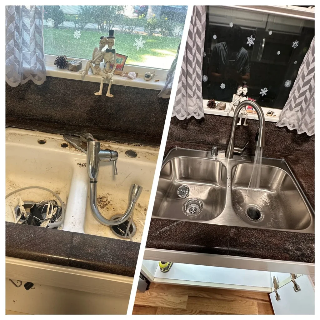 Kitchen faucet and sink replaced, before and after, in Los Angeles