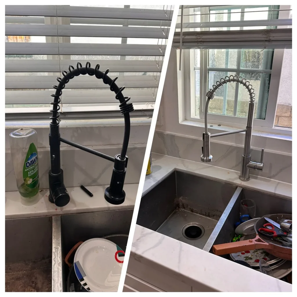 Kitchen faucet replaced, before and after, in Los Angeles