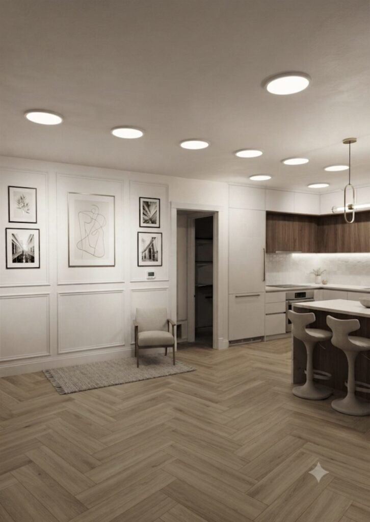 Wainscot wall paneling and herringbone floor in a Los Angeles kitchen