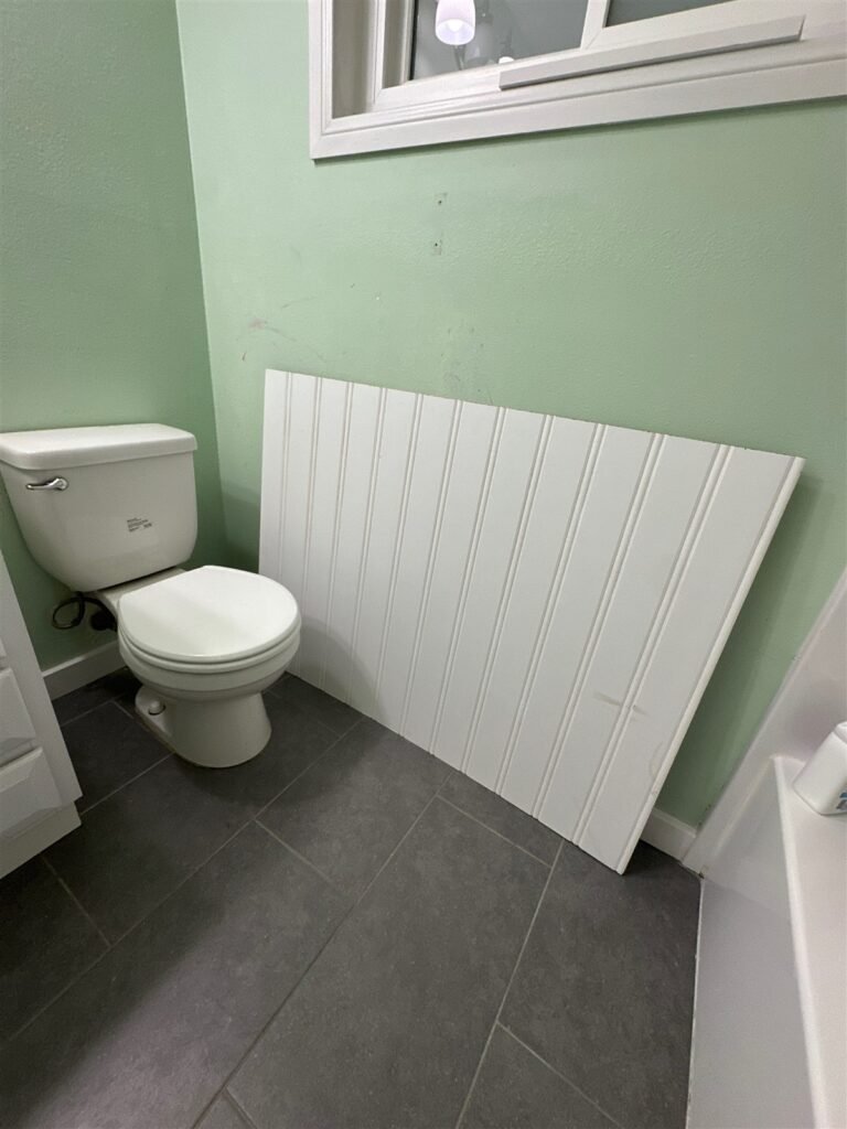 White beadboard wainscot panel in a Los Angeles bathroom