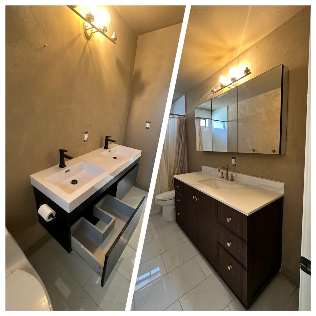 Bathroom vanity and lighting replaced, before and after, in Los Angeles