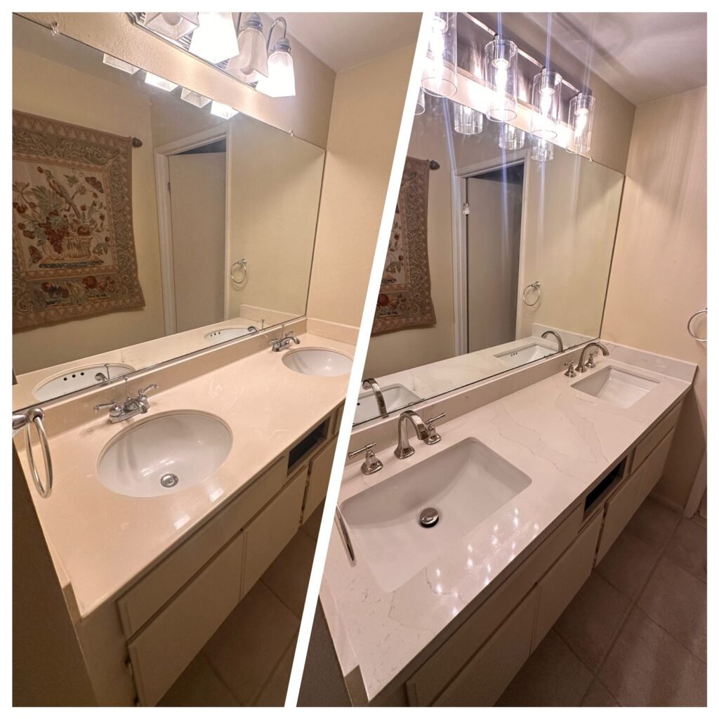 Double vanity and mirror replaced, before and after, in Los Angeles