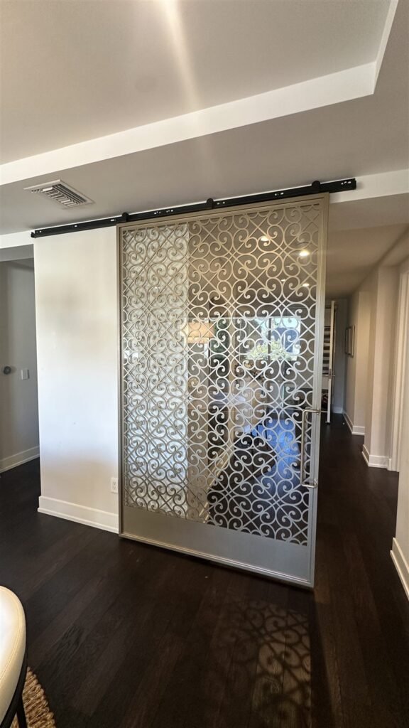 Decorative metal sliding door in a Los Angeles home