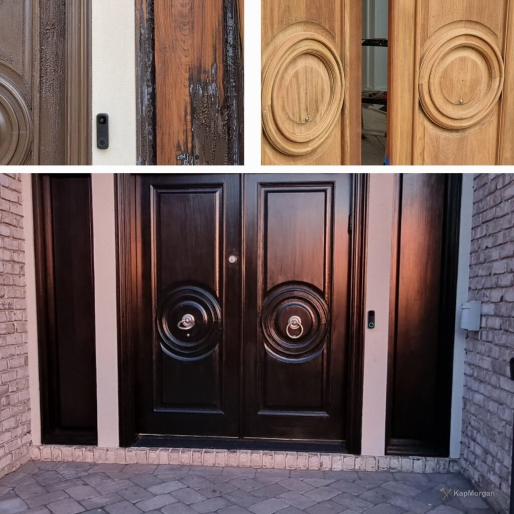 Refinished double entry doors with carved wood details at a Los Angeles home