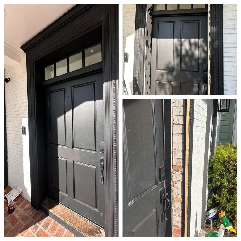 Black front door with transom, before and after, in Los Angeles