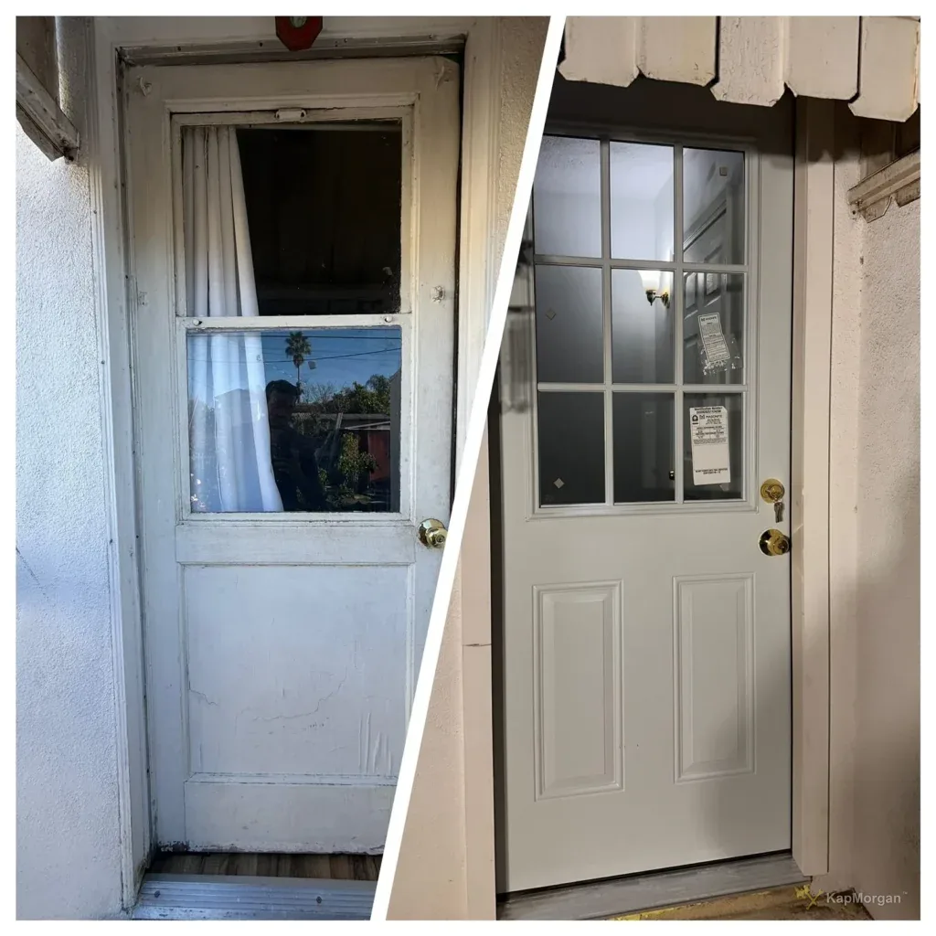 Back door with window replaced, before and after, in Los Angeles