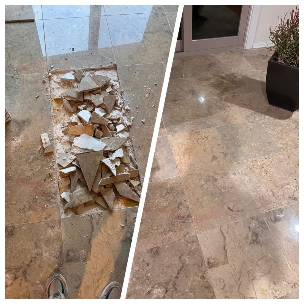Broken tile floor replaced, before and after, in Los Angeles