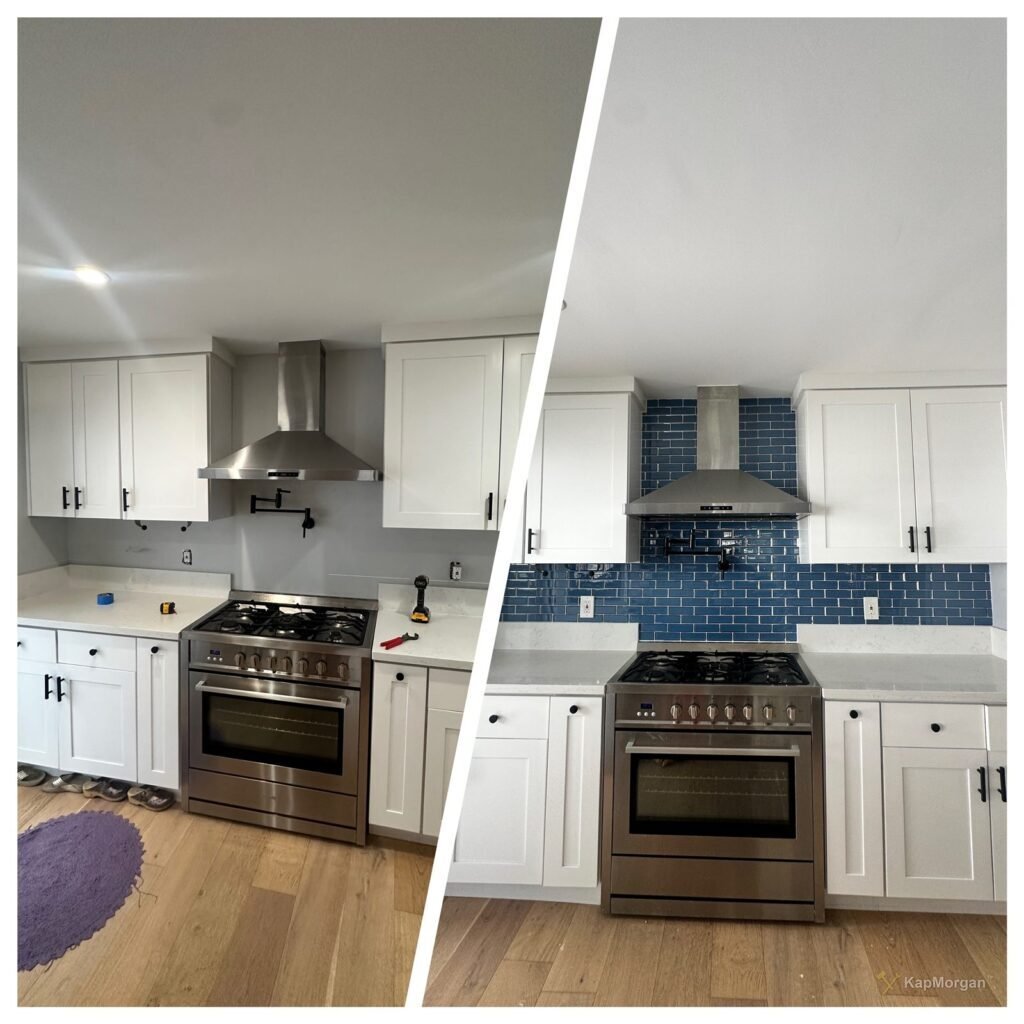 Kitchen updated with new backsplash, before and after, in Los Angeles