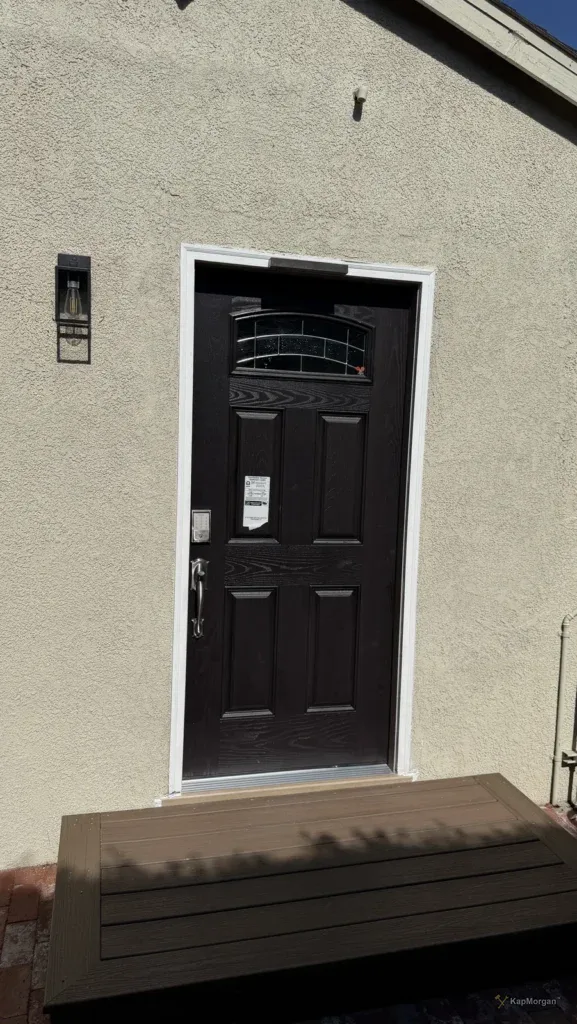 Marina del Rey — old entry door replaced with a new prehung fiberglass door and frame, keypad smart lock installed — after
