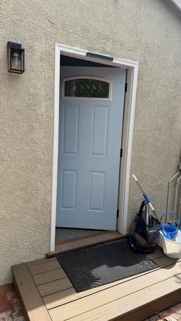 Marina del Rey — old entry door replaced with a new prehung fiberglass door and frame, keypad smart lock installed — before